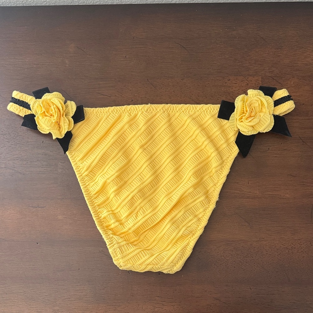 Betsey Johnson Yellow Textured Bikini Bottom with Floral Detail